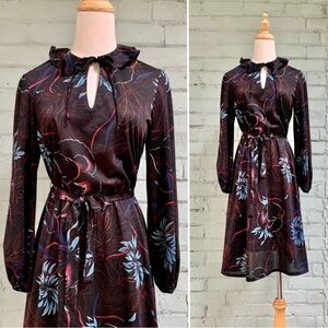 Vintage Floral Midi Dress with Ruffle Collar